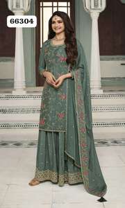 Heavy Chinon y bordado Multi Work Salwar Kameez Palazzo Suit para ocasiones especiales de India Export - Product Image 3