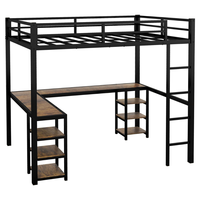 Lit mezzanine en métal noir avec bureau et étagères de rangement Lit superposé en forme de L pour enfants, adultes, dortoirs scolaires et appartements