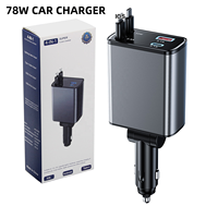 Pengisi Daya Mobil 78W PD USB-C USB-A dengan Kabel Ganda Retraktil 180° yang Dapat Diputar, Adaptor Pengisian Cepat untuk Ponsel Pintar dengan Sertifikasi CE/ROHS/UKCA/FCC