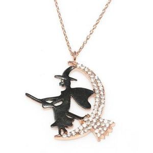 Collier Sorcière en Argent Sterling 925 avec Accent Or Rose, Pierres Blanches et Design Balai – Cadeau - Product Image 1