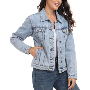 Veste en jean pour femmes bleu clair délavée à l'acide, décontractée, à manches longues, boutonnée, style camionneur, avec poches, logo personnalisé OEM - Product Image 2