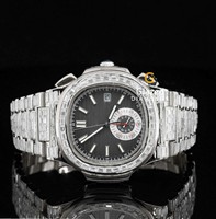 Herren-Chronograph mit schwarzem Analogzifferblatt, mechanischem Uhrwerk, Edelstahlgehäuse, vollständig mit Baguette-Schliff VVS-Klarheit Diamanten aus dem Labor besetzt