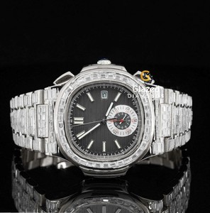 <b>Men's</b> Chronograph <b>Watch</b> with Black Analog Dial Fully Iced Out by Baguette Cut VVS Clarity Diamonds Lab Grown Glass Window - Product Image 3