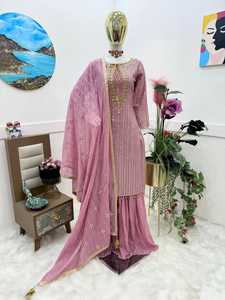 ชุดเซ็ตเสื้อและกางเกงปาลาซโซพร้อมผ้าคลุมไหล่แบบกลับด้านได้ แห้งเร็ว ไม่ยับ ผ้าจอร์เจต์สไตล์บอลลีวูด ยี่ห้อ TENNECY รุ่นใหม่ - Product Image 3