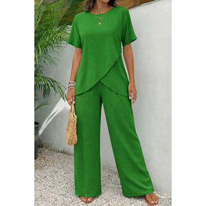 Conjunto de Dos Piezas para Mujer, Blusa de Manga Corta con Cuello Redondo y Detalle Asimétrico en Tela Arrugada y Pantalones, 36236-Verde, de Jane's - Product Image 2