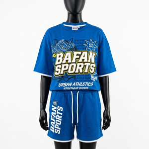 Conjunto Premium de Camiseta y Pantalones Cortos de Algodón Terry de 240 GSM, con Logotipo Impreso en Azul, Panel en Contraste, Conjunto de Pantalones Cortos Personalizados - Product Image 3