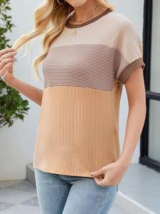 Femmes écologique couleur bloc mode printemps été décontracté lâche T-Shirts à manches courtes col rond hauts tricotés - Product Image 3