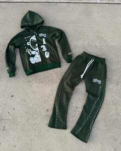 Ensemble deux pièces personnalisé d'un poids lourd Rhinestone multicolore sérigraphie survêtement à fermeture éclair survêtement - Product Image 2