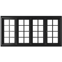 Fenêtre coulissante française en aluminium à double vitrage, design moderne, durable, résistante aux intempéries, avec grille verticale anti-vent.