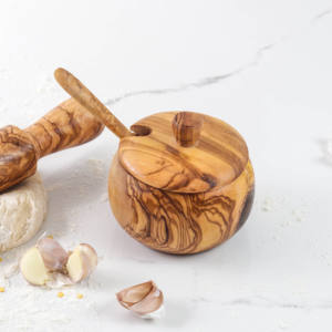 Boîtes à épices en bois d'olivier tunisien méditerranéen écologique de qualité supérieure stockage d'épices rustique fait à la main pratique cuillère à couvercle amovible - Product Image 1