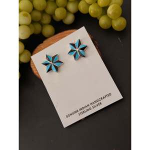 Zuni Handmade Turquoise & Multi-Color Stone <b>Sterling</b> <b>Silver</b> <b>Stud</b> Earrings with Star Inlay - Product Image 4
