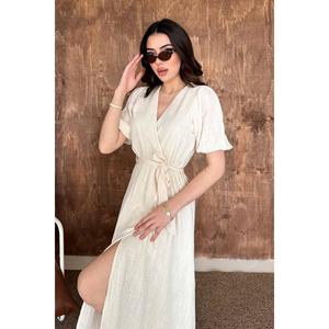 Beige Wrap-Neck <b>Muslin</b> Linen <b>Dress</b> - Beige - Product Image 3