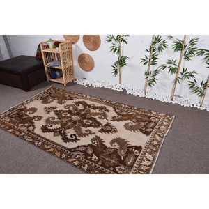 Turkish 6x7,4 ft Rug, Vintage Rug, <b>Brown</b> Ikat <b>Wool</b> Rug - Product Image 4