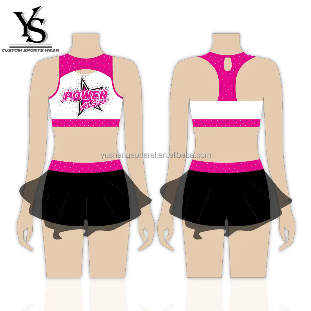 Sublimation Custom Cheer Practice Wear Bra with Mesh Skirt And Shorts Underneath Rhinestones