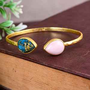 Meilleure vente en gros bleu cuivre Turquoise pierre naturelle 925 bijoux en argent Sterling plaqué or manchette bracelet pour femmes et filles - Product Image 5