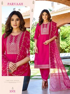 เซ็ตชุดสูท3ชิ้นกางเกง Kurti ผ้าไหมปักลายแบบโรมันหนักสีชมพูดีไซน์ไม่เหมือนใคร - Product Image 2