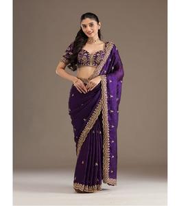 Sari en soie satinée de qualité supérieure avec des détails de travail de sequins, broderie Jari Dori et bordure ajourée pour les fonctions festives et traditionnelles - Product Image 1