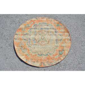 Tapis en laine oriental turc vintage de 3,2 pieds x 3,2 pieds, motif patchwork bleu orange avec support en latex pour décor de salon, tissage plat - Product Image 1