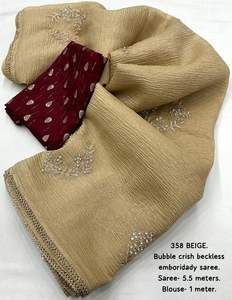 Tenue tendance nouvelle broderie sans col premium doux Beige Bubble Crush Saree Zari avec fabricant de travail de la pierre de Surat - Product Image 5
