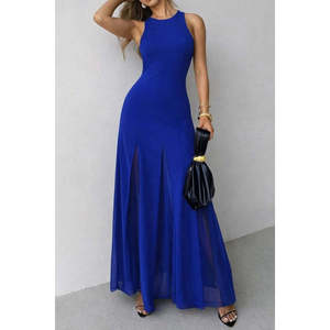 Women's Strappy Crew Neck Asymmetrical Flared Long Imported Crepe <b>Dress</b> with <b>Tulle</b> Hem Detail, 34799 - Saks <b>Blue</b> - Product Image 2