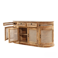 Buffet/Credenza rustique en bois massif et rotin, style bohème côtier, grand format, 4 tiroirs, pour hôtel, cuisine, salle à manger, salon