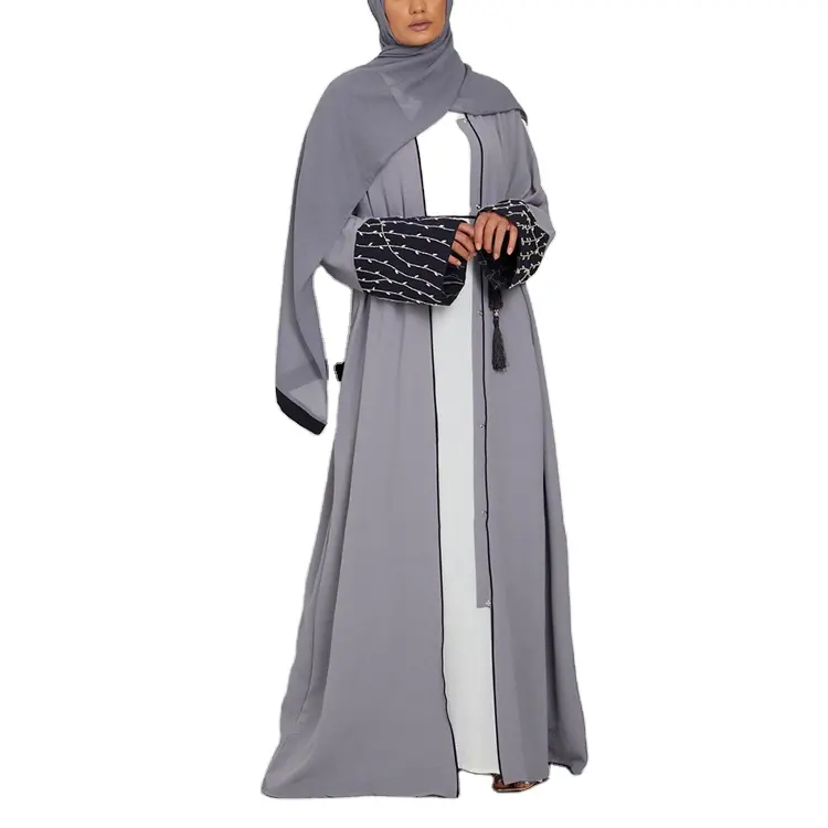 พรีเมี่ยมล่าสุดโพลีเอสเตอร์เปิด Abaya ผู้หญิงมุสลิมชุดสีทึบเสื้อผ้าอิสลาม Jilbab ดูไบ Elegant Abaya เปิดด้านหน้า Kaftan