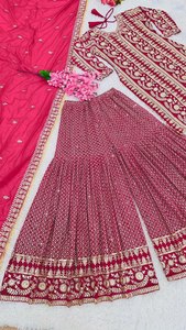 ชุดเดรสปาลาซโซผ้าจอร์เจตต์เนื้อหนาแบบกูจาราตี พร้อมงานปักลาย ชุดสلوار คามีซ ทำจากผ้าโมดอลวิสโคส แบบยังไม่ได้เย็บสำเร็จ สำหรับผู้หญิง - Product Image 5