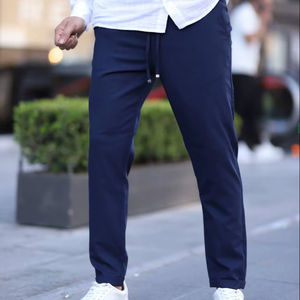 Pantalones elásticos ajustados de color azul marino para hombre, pantalones de oficina elegantes informales, cintura elástica con cordón, algodón recto, Hip Hop de talla grande - Product Image 1