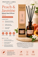 Diffuseur de parfum en bâtonnets Pêche & Jasmin Marque Blanche 100ml OEM |   Parfum d'ambiance Mikado |   Espagne UE