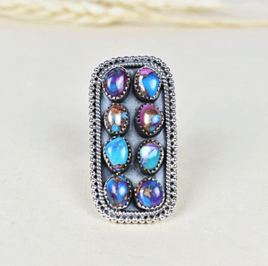 Bague pour femme en argent sterling 925 plaqué or/argent, faite à la main, avec un cluster de pierres précieuses fantaisie longues et ajustables, dahlia rose et turquoise - Product Image 2