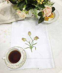 Custom Wholesale High Quality White Cotton <b>Hand</b> <b>Towel</b> Hemstitch Tea Napkin Embroidered <b>Green</b> Tulips Guest <b>Towel</b> for Home Hotel - Product Image 1