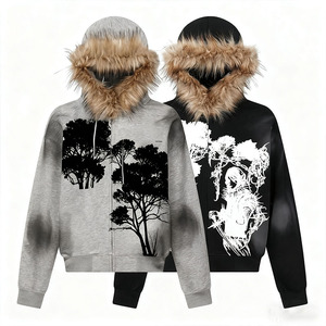 사용자 정의 하이 퀄리티 친환경 겨울 디자이너 집업 100% 면 프렌치 테리 대형 산성 세척 인조 모피 지퍼 까마귀 남성 - Product Image 2