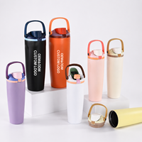 Gobelet isotherme 2-en-1 en acier inoxydable à double paroi de 30 oz avec couvercle à boire, logo personnalisé, design mignon, pour café, eau, boissons chaudes et froides, avec poignée et paille