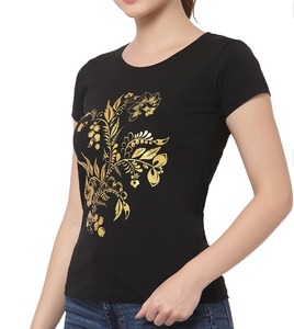 Camiseta de tela de algodón tejida de manga corta y regular con estampado gráfico de lámina negra y dorada para mujer - Product Image 3