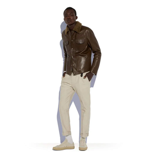 แจ็กเก็ตบอมเบอร์หนังแท้สีน้ำตาลของผู้ชายมีปกพับลงเปลือกผ้าใบเป็นมิตรกับสิ่งแวดล้อมระบายอากาศสำหรับรถจักรยานยนต์ - Product Image 6