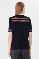 Blusa de manga corta con cuello redondo y patchwork de malla para mujer