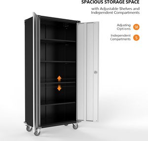 Gabinetes de almacenamiento de garaje plateados y negros de 72 "de alto con puertas de bloqueo y 4 estantes ajustables, gabinetes de almacenamiento de metal con ruedas F - Product Image 4