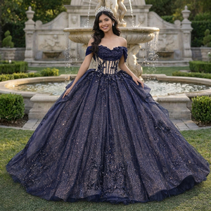 5799 Exclusive Navy Sweetheart <b>Crystal</b> <b>Ball</b> Gown Quinceanera Dress with Sleeve Beading Appliques Natural Waistline Print Party - Product Image 1