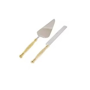 Juego de cuchillo y servidor de pastel de metal pulido con asas de lazo de lágrima dúo de postre de acero inoxidable moderno para eventos de boda de lujo - Product Image 4