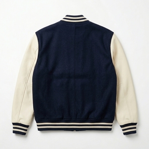 Blouson zippé en mélange de laine bleu marine et crème pour homme, avec broderie personnalisée, col et poignets en tricot côtelé, style streetwear décontracté, vente en gros USA - Product Image 2