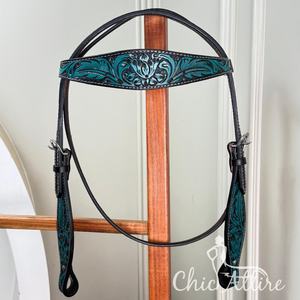 Bride occidentale de serre-tête de cheval en cuir taillé à la main avec des accents de cristal turquoise pour Rodeo Trail & Barrel Racing Tack - Product Image 1