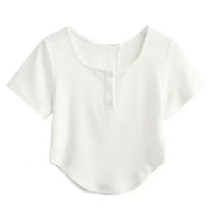 Pull à manches courtes, boutonné, couleur unie, personnalisable, décontracté, confortable, printemps-été, haut court pour femme, nouveau design 2026 - Product Image 2
