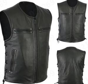 Chaleco de Cuero para Hombre |   Chaleco Punk Casual para Motocicleta |   Chaqueta de Cuero Cálida con Cierre de Cremallera en el Cuello en V y Dobladillo con Cordón Ajustable - Product Image 2