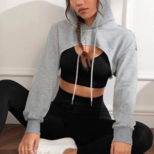 Sweat à capuche court à la mode pour femmes évider hauts courts goutte épaule cordon pull à capuche court - Product Image 6