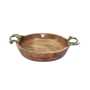 Bol de forme ronde en bois d'acacia pour la cuisine et la table avec poignée en métal Bol de service de couleur naturelle et bols décoratifs - Product Image 2