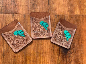 เคสบัตรเครดิตหนังแท้ลายดอกไม้สำหรับผู้หญิงหมวกคาวบอยสีเทอร์ควอยซ์ - Product Image 2