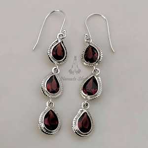 Garnet Bohemian <b>Dangle</b> <b>Earrings</b> Sterling Silver Triple Teardrop Gemstones Handmade Jewelry Party & January Birthstone Gift - Product Image 6