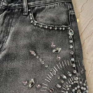 Custom Summer Fashion Breathable Quick Dry <b>Women</b> Acid Wash Rhinestone <b>Shorts</b> Solid Color <b>Knee</b>-<b>Length</b> Streetwear 100% Cotton - Product Image 3
