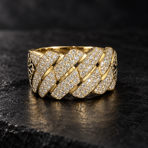 Bague chaîne cubaine VVS Moissanite plaquée or 10K, sertie de pierres rondes, style hip-hop, large bande, bijou fin pour homme, cadeau, vente chaude - Product Image 1