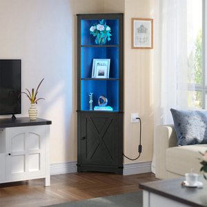Mueble <span class=keywords><strong>Bar</strong></span> Esquinero Rústico al por Mayor con Luces LED, Gabinete de Almacenamiento de Licores de Madera Negra, Vitrina Alta para el Hogar - Product Image 3